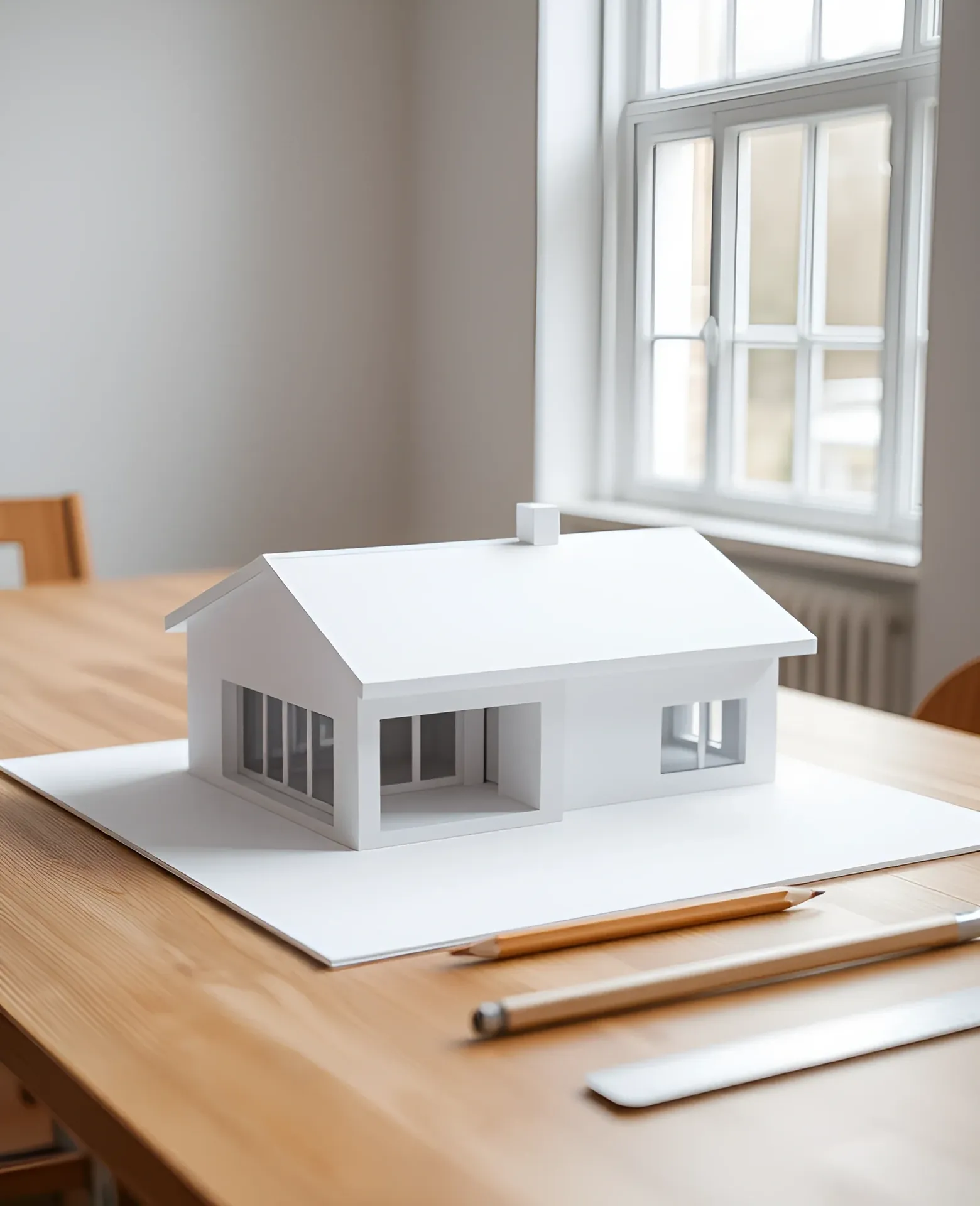 Plans and a white card model of a house on a studio table